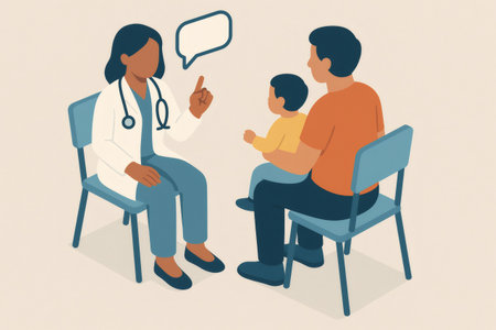 Doctor explaining medical information to a father holding his child, focusing on family health and pediatric adviceの素材