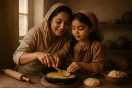 Mother and daughter enjoying preparing traditional bread in a rustic kitchen. Hands together on a wooden spoon in a cooking panの素材