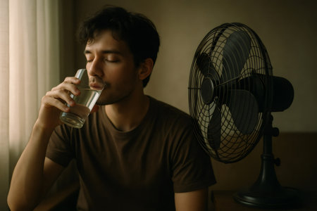 Man drinking a glass of water, finding relief and hydration from the heat with an electric fan blowing nearbyの素材