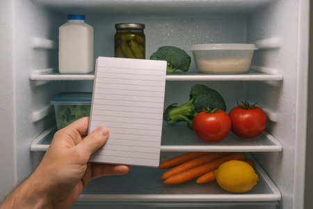 Man's hand holding a blank shopping list while checking items inside an open refrigerator, concept of meal planningの素材