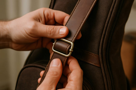 Person's hands adjusting a dark brown leather strap with a metal buckle on a padded, dark brown guitar caseの素材