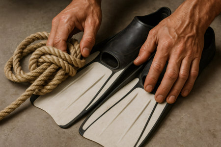 Hands arranging diving fins and a coiled rope on a textured surface, ready for a water adventure or marine activityの素材