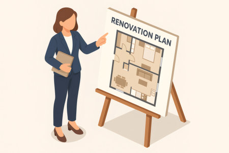 Businesswoman presenting renovation plan for residential property. She is holding a folder and pointing at the floor plan on an easelの素材