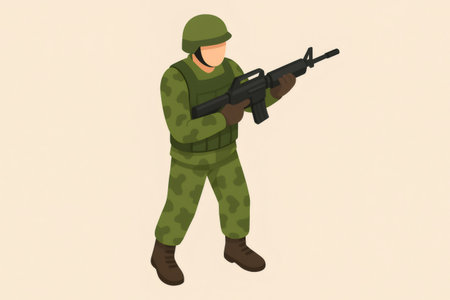Military soldier standing in ready position, wearing green camouflage uniform, helmet, and protective vest, holding a rifleの素材