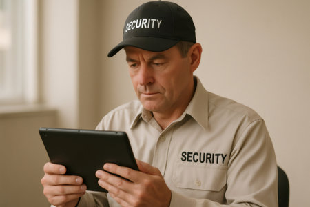 Security professional focused on a tablet, using modern technology for surveillance, protection, and data monitoringの素材
