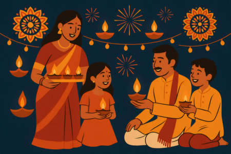 Indian family celebrating Diwali, holding traditional oil lamps. Parents and children observing a cultural holiday with joy and lightの素材