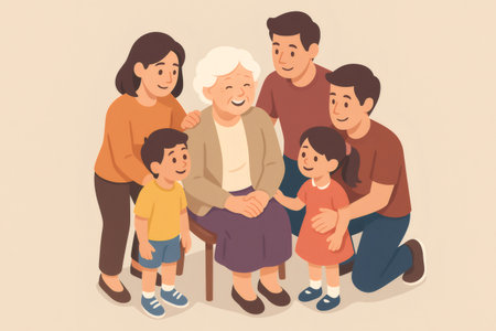 Multi generational family embracing their senior grandmother, sharing love, smiles and joyful bonding across generationsの素材