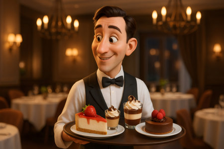 Animator style waiter smiling, holding a tray with varied cakes and puddings in a classy restaurant settingの素材