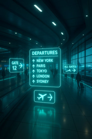 Airport terminal with travelers walking past glowing digital departure signs, showcasing global travel and future technologyの素材