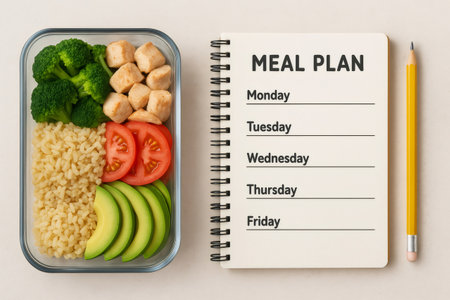 Glass container holding a healthy planned meal with chicken, broccoli, rice, tomato, and avocado next to a meal plan notebookの素材