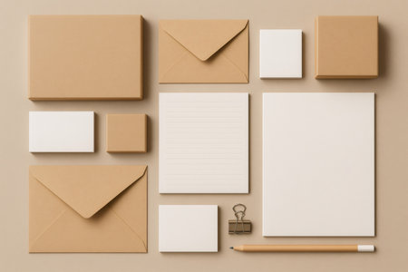 Arranging various eco friendly blank stationery items and office supplies on a beige background, creating a clean branding mock upの素材