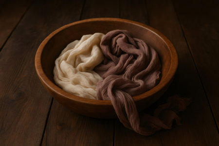 Dark wooden bowl filled with soft beige and brown fabrics, creating a cozy, natural, and minimalist background for stagingの素材