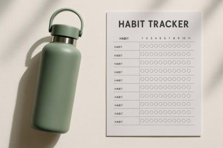Reusable water bottle sitting next to a habit tracker worksheet, promoting wellness, hydration, and goal achievementの素材