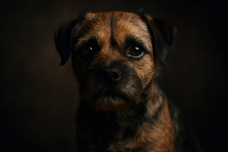 Border Terrier looking directly at viewer, featuring a serious expression with warm brown eyes and dramatic low key lightingの素材
