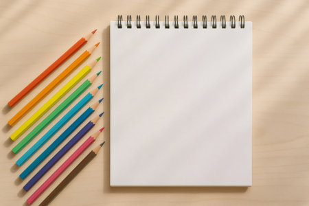 Blank spiral bound notebook with colorful pencils creating a diagonal pattern on a light wooden background, showing a creative workspace setupの素材