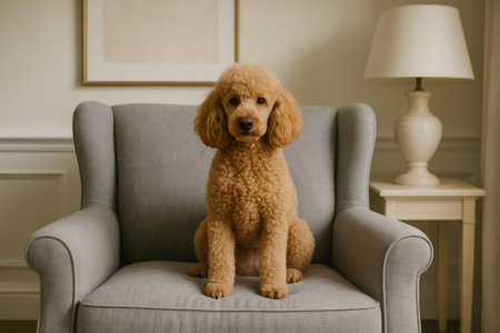Beautiful poodle dog with fluffy fur sitting calmly on a comfortable armchair in a living room, a soft lamp besideの素材