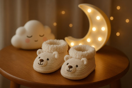 Pair of soft knitted baby bear slippers with warm lining, illuminating a cozy nursery scene with cloud and moon nightlightsの素材