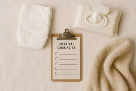 Hospital checklist on clipboard with baby diaper, wet wipes, and blanket. Planning for maternity and newborn essentialsの素材