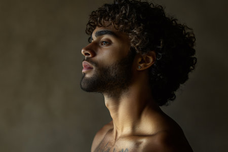 Young man with dark textured curly hair looking up, having a thoughtful and hopeful expression, side profileの素材