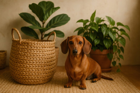 Brown dachshund dog sitting calmly at home, surrounded by green houseplants and wicker decor, creating a cozy atmosphereの素材