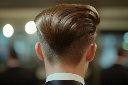 Man's head from behind showing a well groomed pompadour hairstyle and faded sides, representing men's stylingの素材
