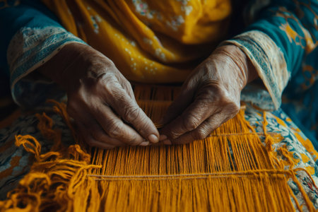 Aged hands of a woman carefully weaving bright yellow threads on a traditional loom, demonstrating ancient craftsmanship and cultural heritageの素材