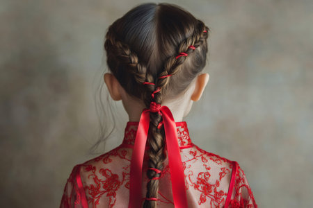 Young girl seen from behind, wearing a red lace dress with ribbons woven into a beautiful elaborate braidの素材
