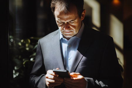 Man in business suit using smartphone in a focused demeanor, standing with dappled sunlight on his face and handsの素材