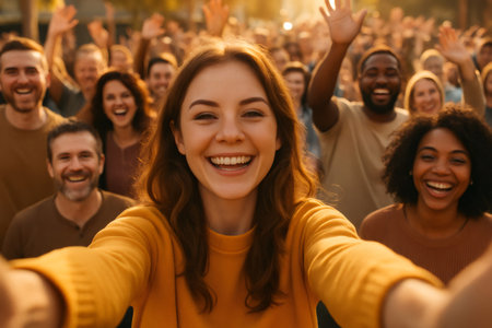 Happy young woman taking selfie with diverse group of cheerful friends waving hands and smiling outdoorsの素材