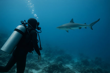 Scuba diver observing a shark in clear blue ocean water above a coral reef, representing marine wildlife interaction and adventureの素材
