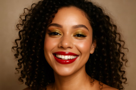 Young woman with beautiful curly hair smiling, showing glossy red lipstick and golden glitter eyeshadow. Celebrating joy and beautyの素材