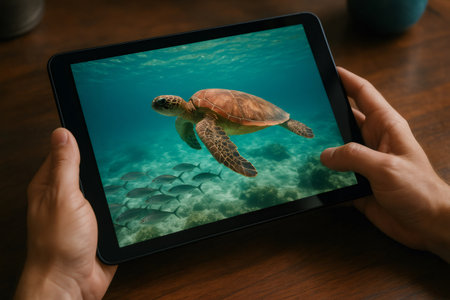 Hands holding a digital tablet showing a vibrant underwater scene with a swimming sea turtle and a school of fishの素材