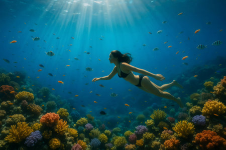 Woman swimming in clear blue underwater, surrounded by vibrant coral and tropical fish, with sun rays from aboveの素材