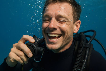 Happy diver with closed eyes exhaling bubbles underwater, feeling relaxed and enjoying aquatic explorationの素材
