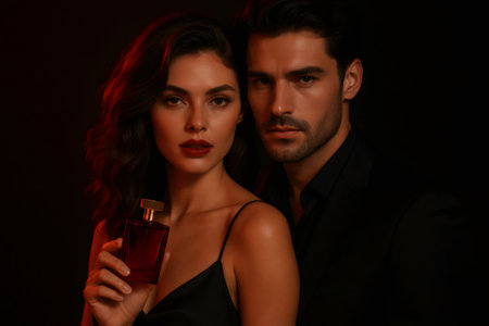 Elegant, sensual couple posing with a red perfume bottle, evoking desire and sophistication in a dramatic settingの素材