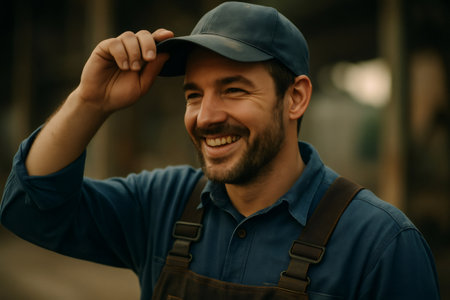 Young adult worker beaming with authentic smile, wearing a blue shirt and brown overalls, holding cap in handの素材