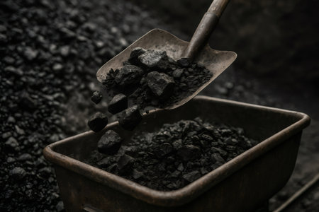 Shovel loading black coal into a wheelbarrow, symbolizing hard work, fossil fuels, and mining industryの素材