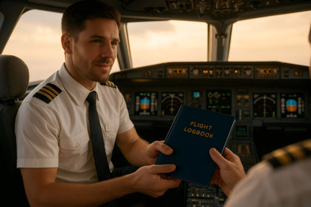 Two pilots are exchanging a flight logbook inside an airplane cockpit, focusing on aviation operations and documentationの素材