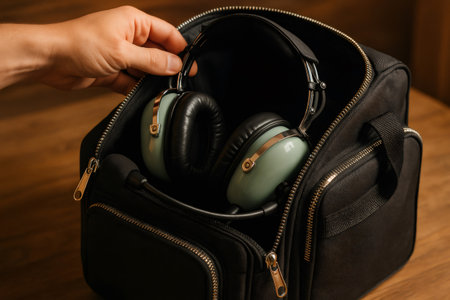 Pilot hand packing a professional aviation headset into a black flight bag, preparing for a flight or journeyの素材