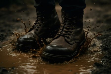 Person stepping into a brown muddy puddle, creating splashes. Concept of adventure, resilience, and outdoor activityの素材