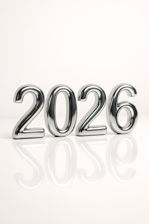 Silver chrome numbers forming 2026 with a reflection below, creating a clean visual for new year and future conceptsの素材