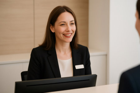 Smiling female receptionist assisting a client at a minimalist reception desk, providing friendly service in a professional corporate settingの素材