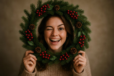 Young woman smiling and winking, holding a festive Christmas wreath with pine branches, red berries, and pineconesの素材