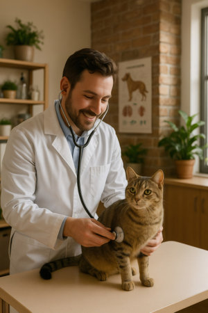Happy male veterinarian gently examining a domestic tabby cat with a stethoscope during a routine check up, ensuring good pet healthの素材