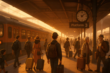 People commuting and traveling with luggage at a busy train station during sunset golden hour, depicting movement and journeyの素材