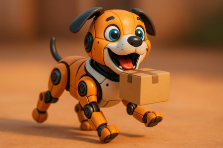 Robotic dog carrying a cardboard package, symbolizing automation, future delivery services, and innovative technologyの素材