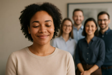 Young Black woman smiling with eyes closed, finding inner peace and confidence while her diverse business team stands behind herの素材