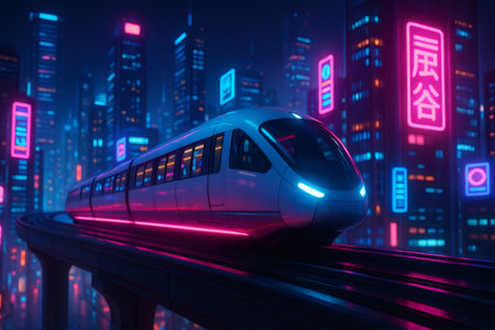 Modern train moving on an elevated track through a vibrant cyberpunk city skyline at night, glowing with blue and pink neon lightsの素材