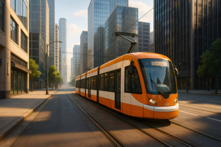 Modern electric tram moving through a downtown urban landscape with tall futuristic buildings under a clear skyの素材