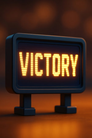 Pixelated screen showing the word VICTORY in bright orange text, representing success, achievement, and winningの素材